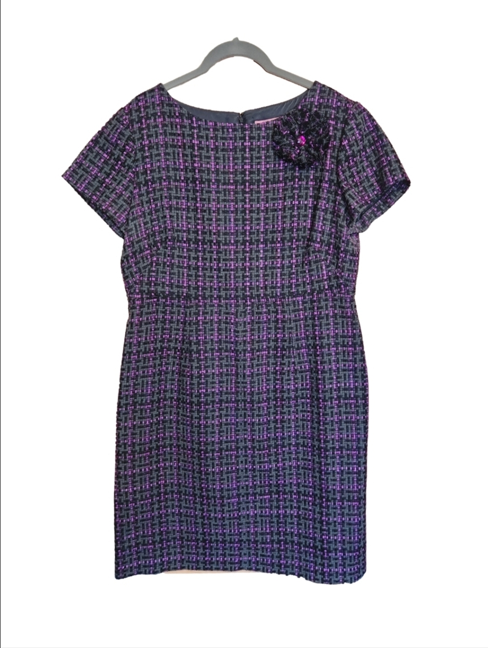 ELIZA J. BLACK GRAY & PURPLE SHORT SLEEVE TWEED SHIFT DRESS SIZE LARGE - Picture 2 of 9
